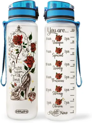 64HYDRO 32oz 1Liter Motivational Water Bottle with Time Marker & Removable Strainer Flip Top Leakproof Durable BPA Free Non-Toxic for Home Work Gym Fitness Sports - Beauty Once Upon A Time Rose