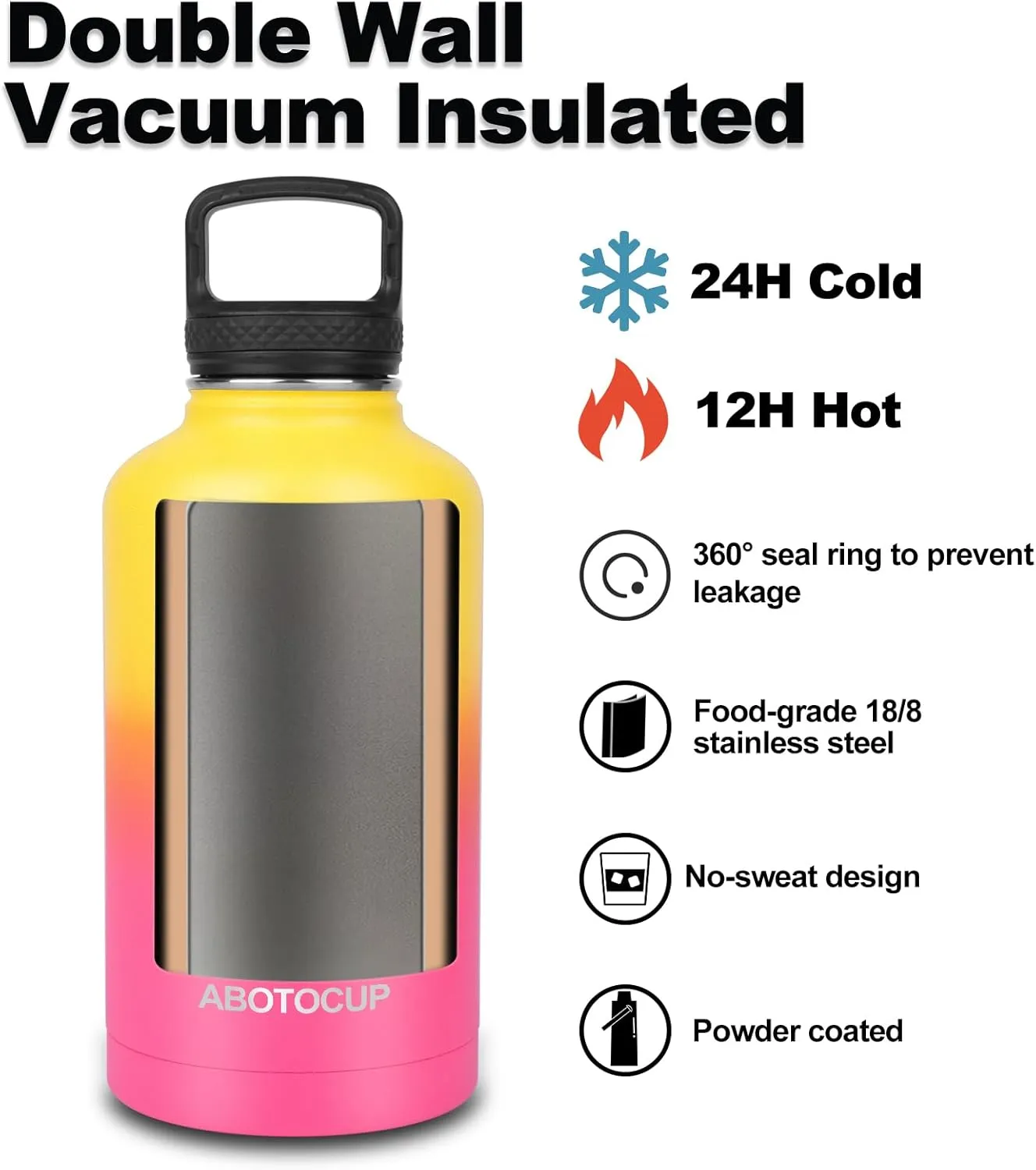 64oz Water Bottle with Powder Coated, Stainless Steel Insulated Water Bottle with Straw Lids&Paracord Handle, Water Flask Double Wall Leak-proof BPA Free, Keep Cold&Hot