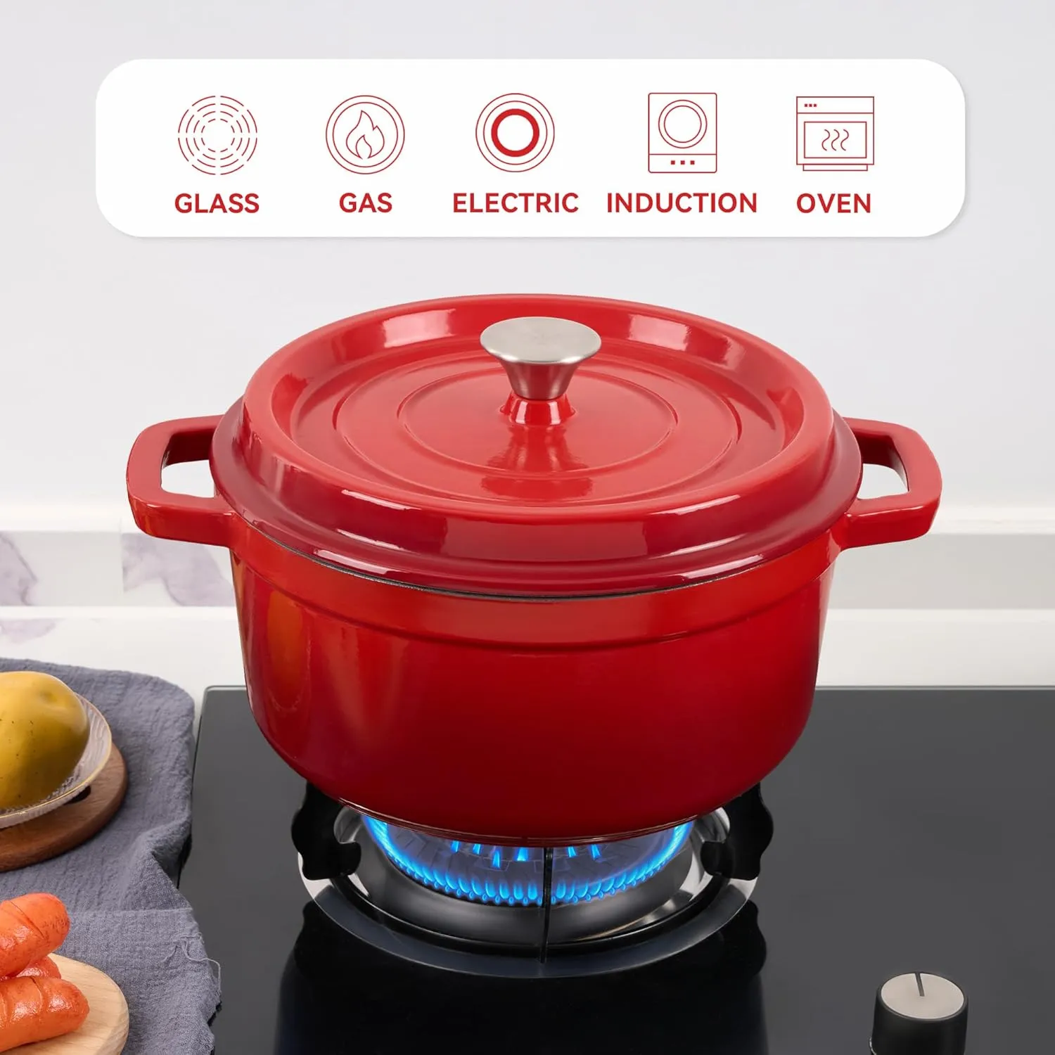 6.5 Quart Enameled Cast Iron Dutch Oven Pot with Lid, Dual Handle for Bread Baking, Pre-Seasoned Cookware, Heavy-Duty, Oven Safe up to 500° F, Non-stick & Applicable All Cookings, Red