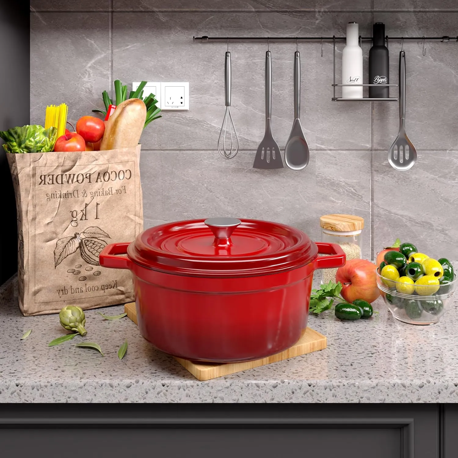 6.5 Quart Enameled Cast Iron Dutch Oven Pot with Lid, Dual Handle for Bread Baking, Pre-Seasoned Cookware, Heavy-Duty, Oven Safe up to 500° F, Non-stick & Applicable All Cookings, Red