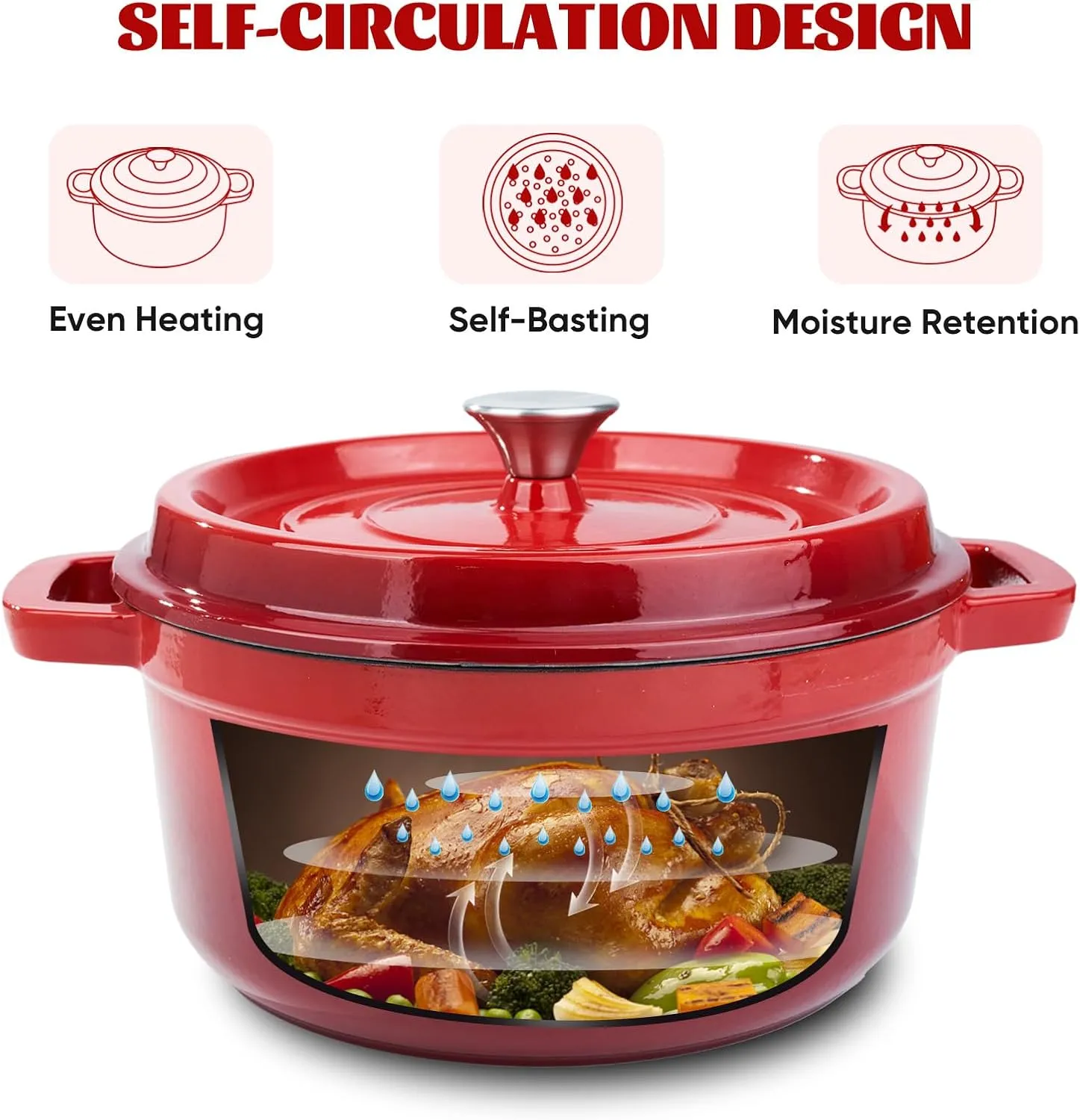 6.5 Quart Enameled Cast Iron Dutch Oven Pot with Lid, Dual Handle for Bread Baking, Pre-Seasoned Cookware, Heavy-Duty, Oven Safe up to 500° F, Non-stick & Applicable All Cookings, Red