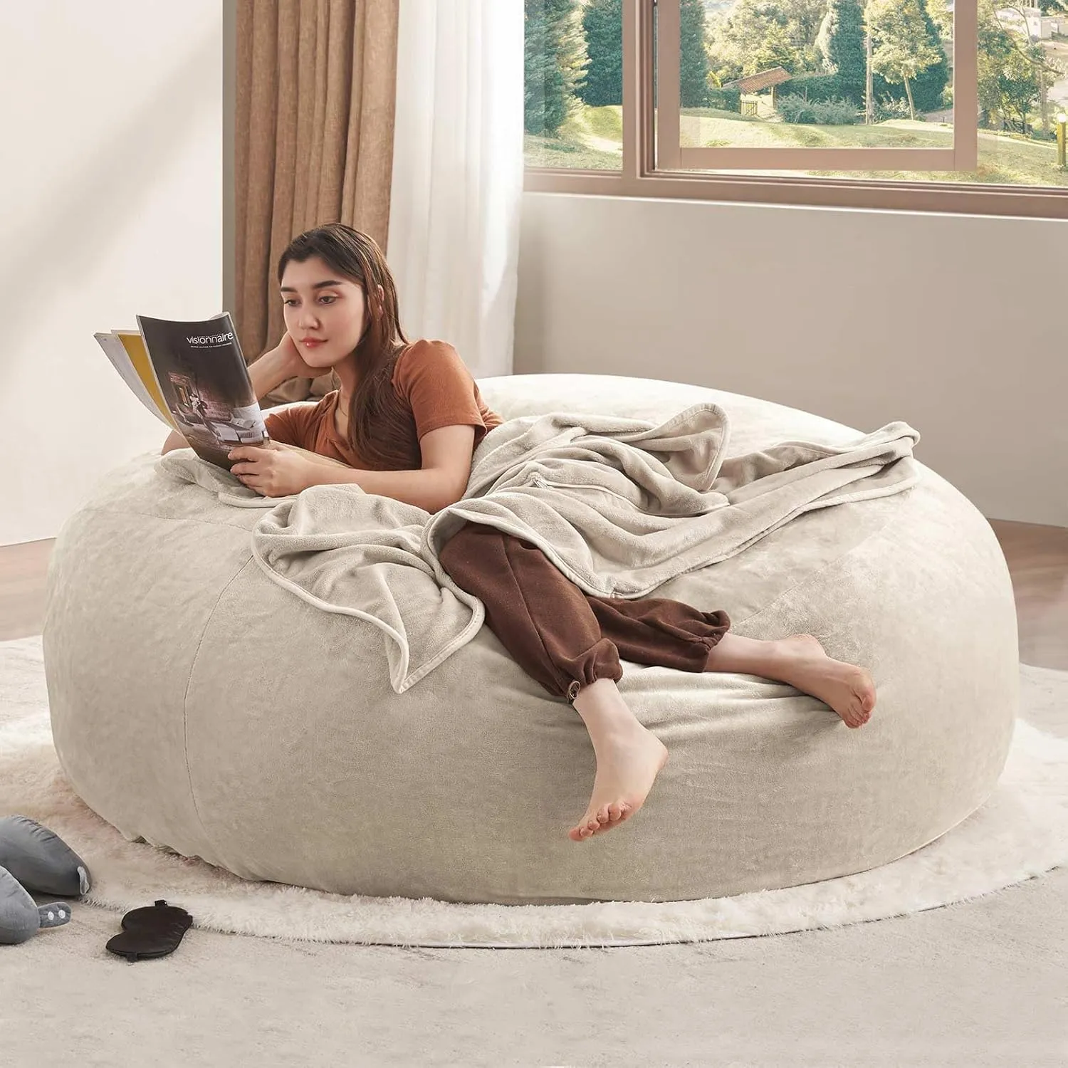 6FT,Jumbo Bean Bag Chair for Adults，Bean Bag with Filler Included，Comfortable and Soft Flannel Cover, Removable and Washable, Oversized Bean Bag, Suitable for Living Room and Bedroom.(Apricot)