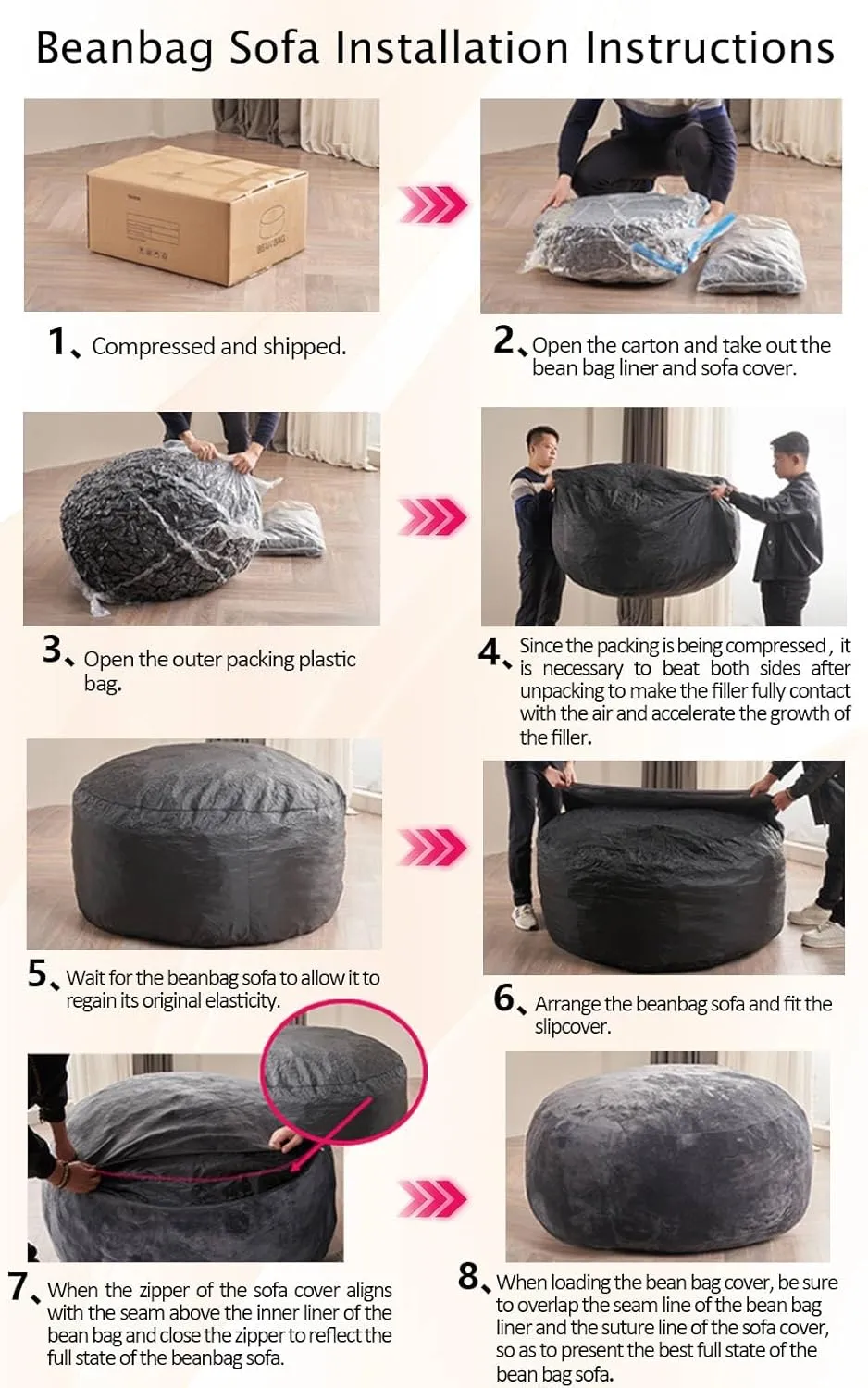 6FT,Jumbo Bean Bag Chair for Adults，Bean Bag with Filler Included，Comfortable and Soft Flannel Cover, Removable and Washable, Oversized Bean Bag, Suitable for Living Room and Bedroom.(Apricot)