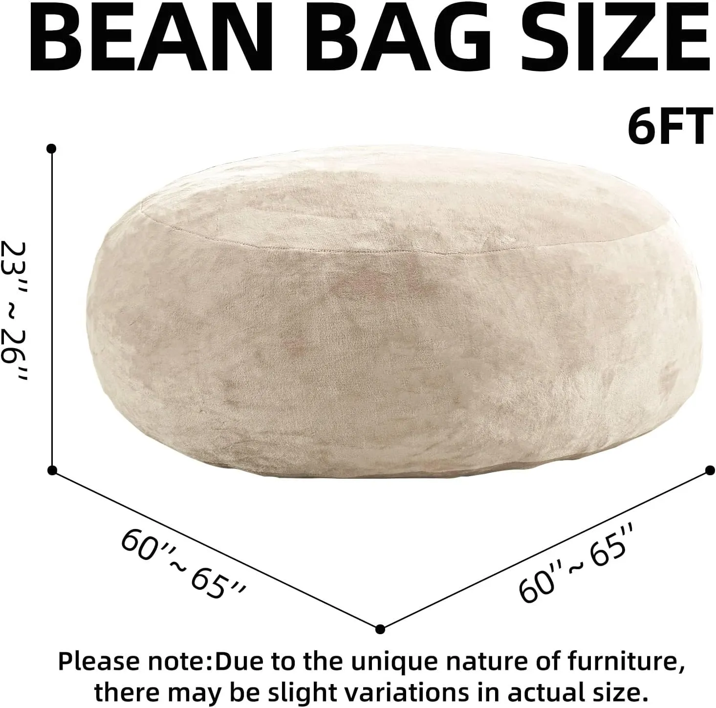 6FT,Jumbo Bean Bag Chair for Adults，Bean Bag with Filler Included，Comfortable and Soft Flannel Cover, Removable and Washable, Oversized Bean Bag, Suitable for Living Room and Bedroom.(Apricot)