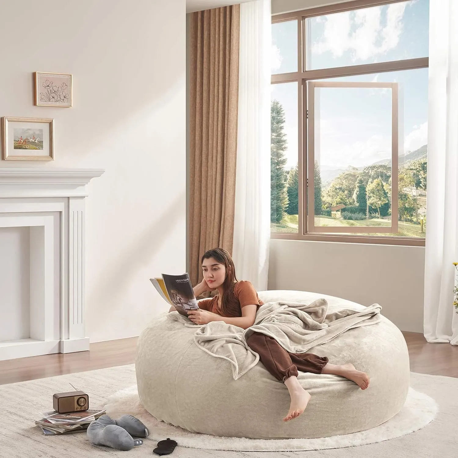 6FT,Jumbo Bean Bag Chair for Adults，Bean Bag with Filler Included，Comfortable and Soft Flannel Cover, Removable and Washable, Oversized Bean Bag, Suitable for Living Room and Bedroom.(Apricot)