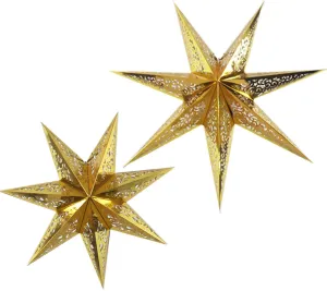 7 Point Star Paper Lantern,2PCS Collapsible Handmade Hanging Hollow Star Paper Lantern Lampshades with 10 Ft Power Cord for Christmas Study Room,Party Decor (Gold, 18inch 30inch)