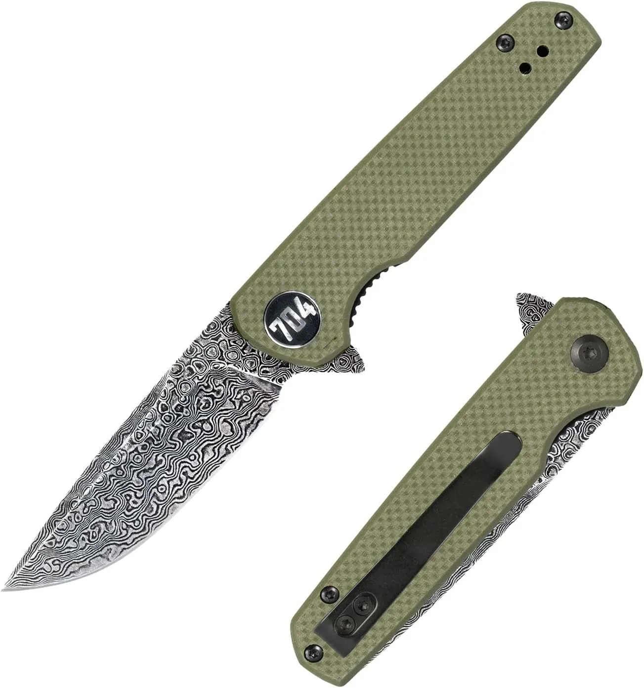 704 Gear Blitz EDC Folding Pocket Knife | Compact 2.98" Blade, Damascus Steel, G10 Handle, Reversible Pocket Clip | Olive Drab Green with Damascus Steel