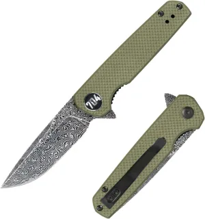 704 Gear Blitz EDC Folding Pocket Knife | Compact 2.98" Blade, Damascus Steel, G10 Handle, Reversible Pocket Clip | Olive Drab Green with Damascus Steel