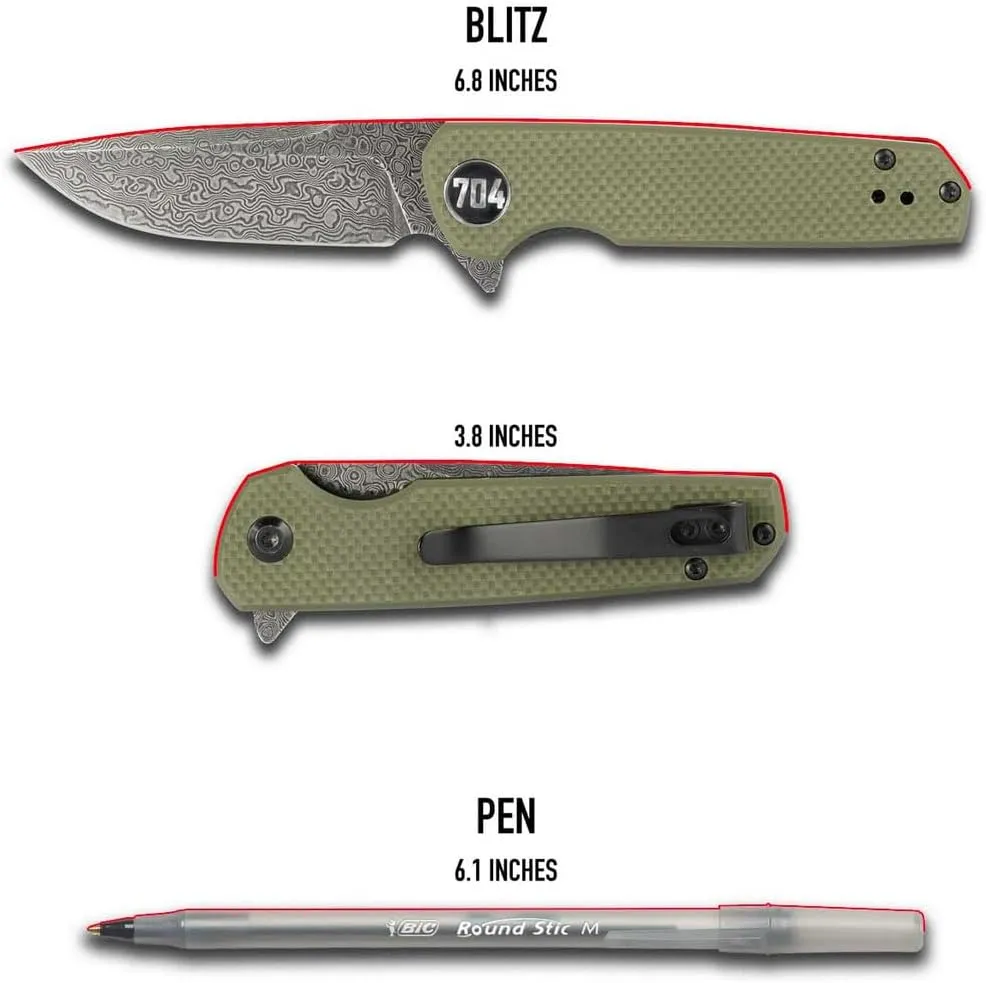 704 Gear Blitz EDC Folding Pocket Knife | Compact 2.98" Blade, Damascus Steel, G10 Handle, Reversible Pocket Clip | Olive Drab Green with Damascus Steel