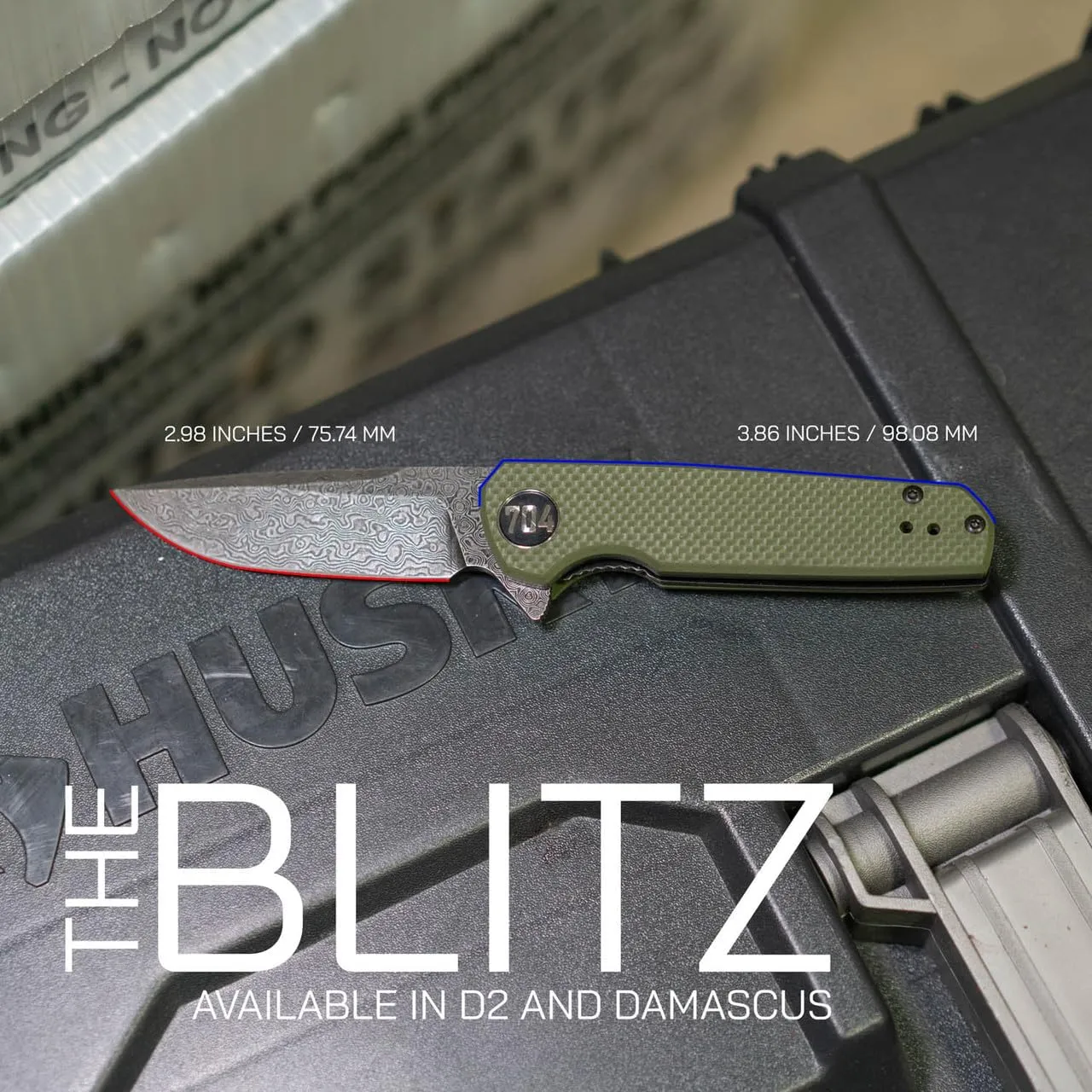 704 Gear Blitz EDC Folding Pocket Knife | Compact 2.98" Blade, Damascus Steel, G10 Handle, Reversible Pocket Clip | Olive Drab Green with Damascus Steel