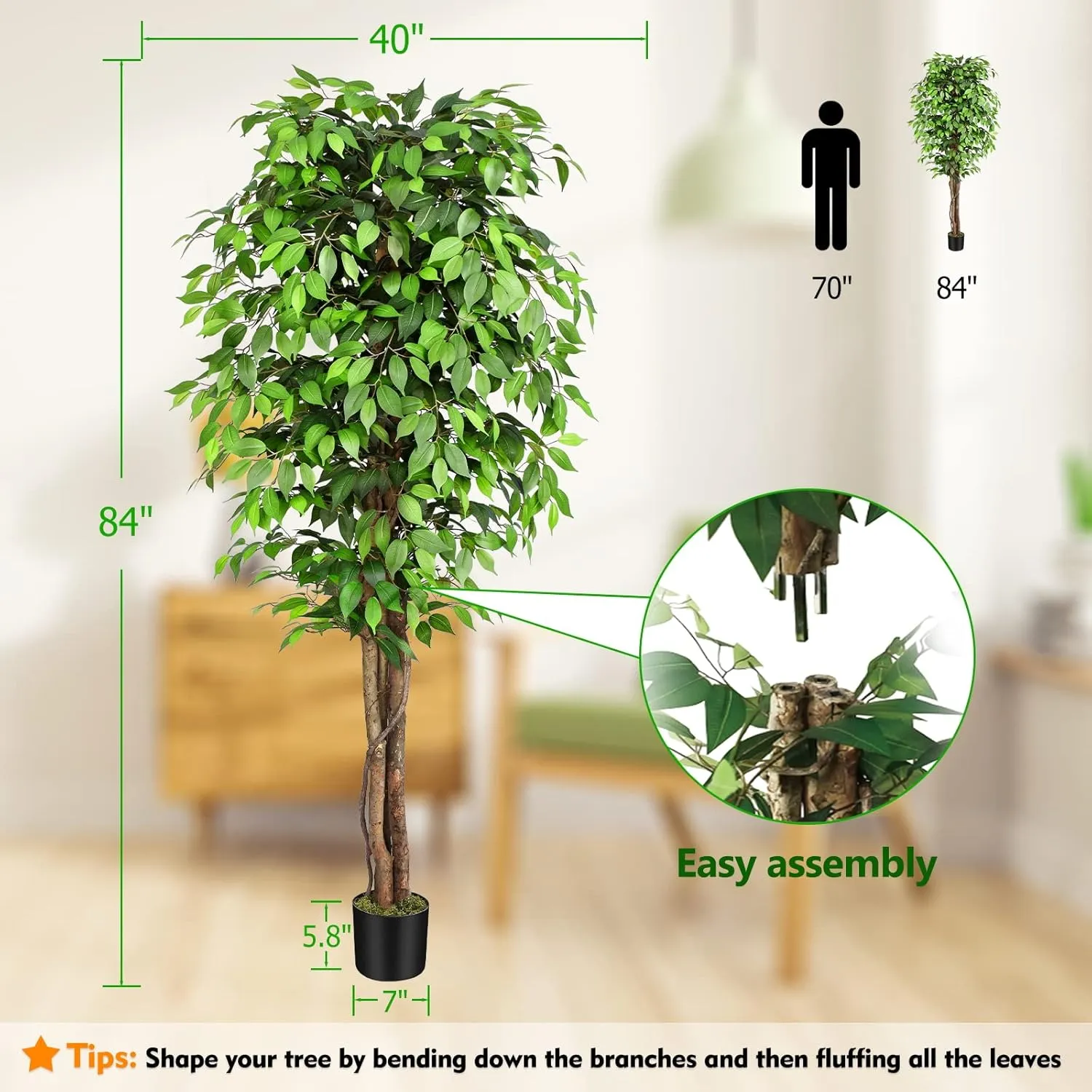 7ft Large Ficus Artificial Trees with Natural Curved Trunks, 84" Tall Lush Faux Tree for Home Decor Indoor, Green Lifelike Fake Ficus Tree Artificial Plants in Pot