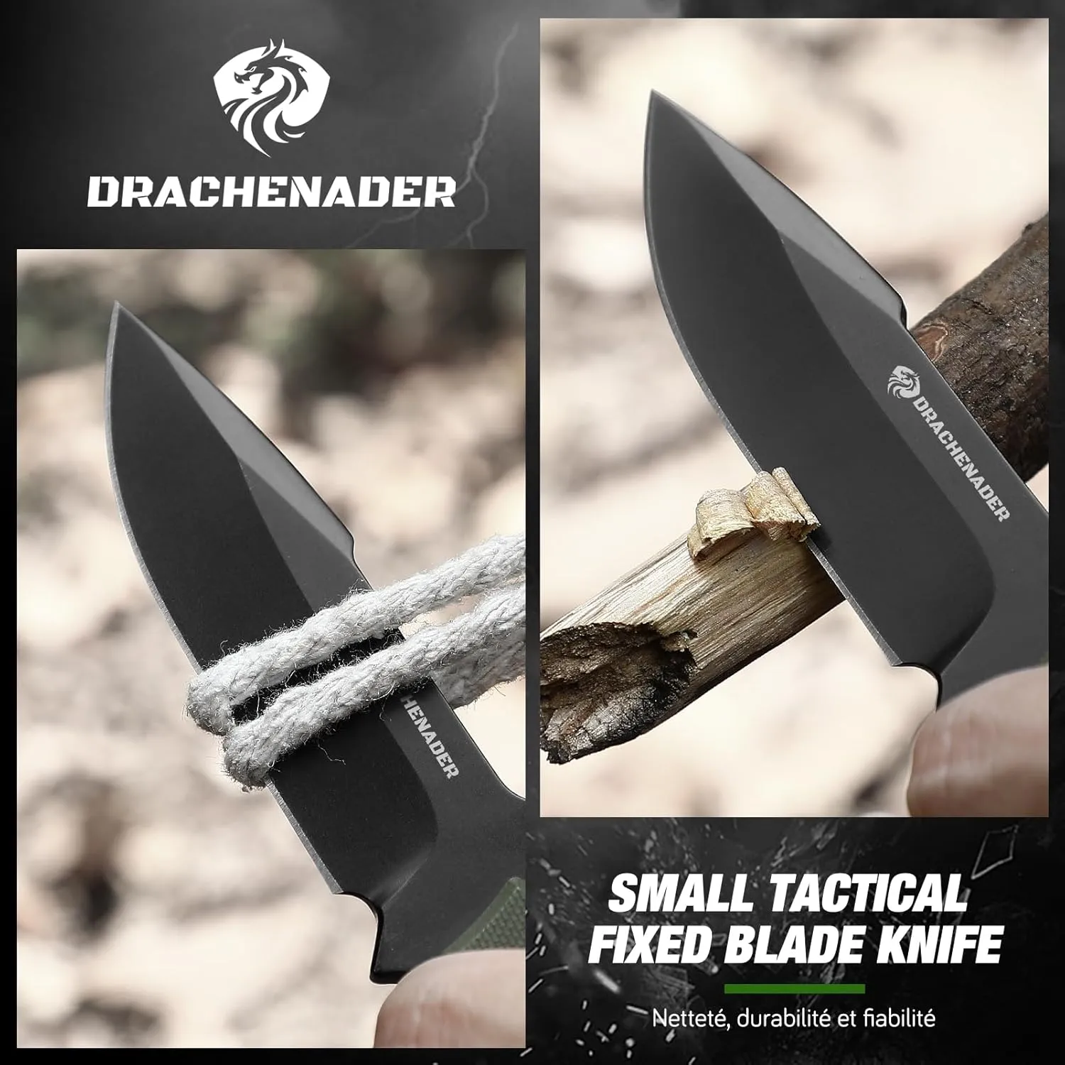 7" D2 Steel EDC Fixed Blade Knife, Versatile Carry with Kydex Sheath and G10 Handle (B- Black Balde   Green Handle)
