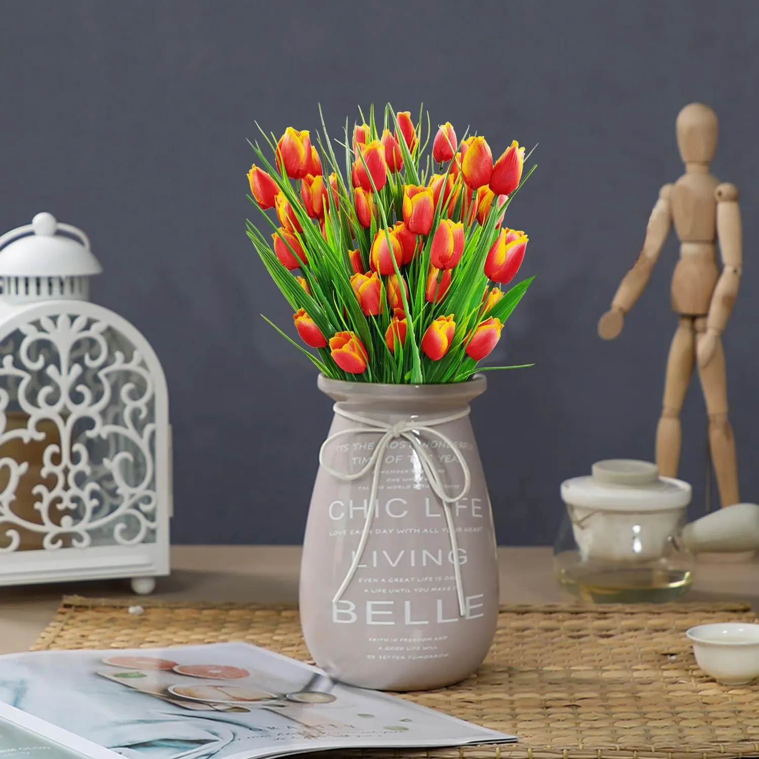 8 Bundles Outdoor Artificial Tulips Fake Flowers UV Resistant Faux Plastic Greenery Shrubs Plants for Home Outside Garden Porch Window Farmhouse Decor (Orange)