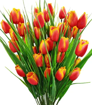 8 Bundles Outdoor Artificial Tulips Fake Flowers UV Resistant Faux Plastic Greenery Shrubs Plants for Home Outside Garden Porch Window Farmhouse Decor (Orange)