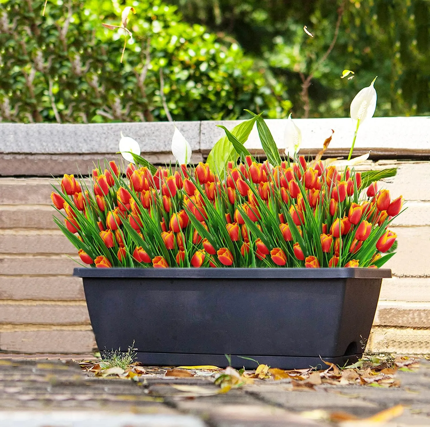 8 Bundles Outdoor Artificial Tulips Fake Flowers UV Resistant Faux Plastic Greenery Shrubs Plants for Home Outside Garden Porch Window Farmhouse Decor (Orange)