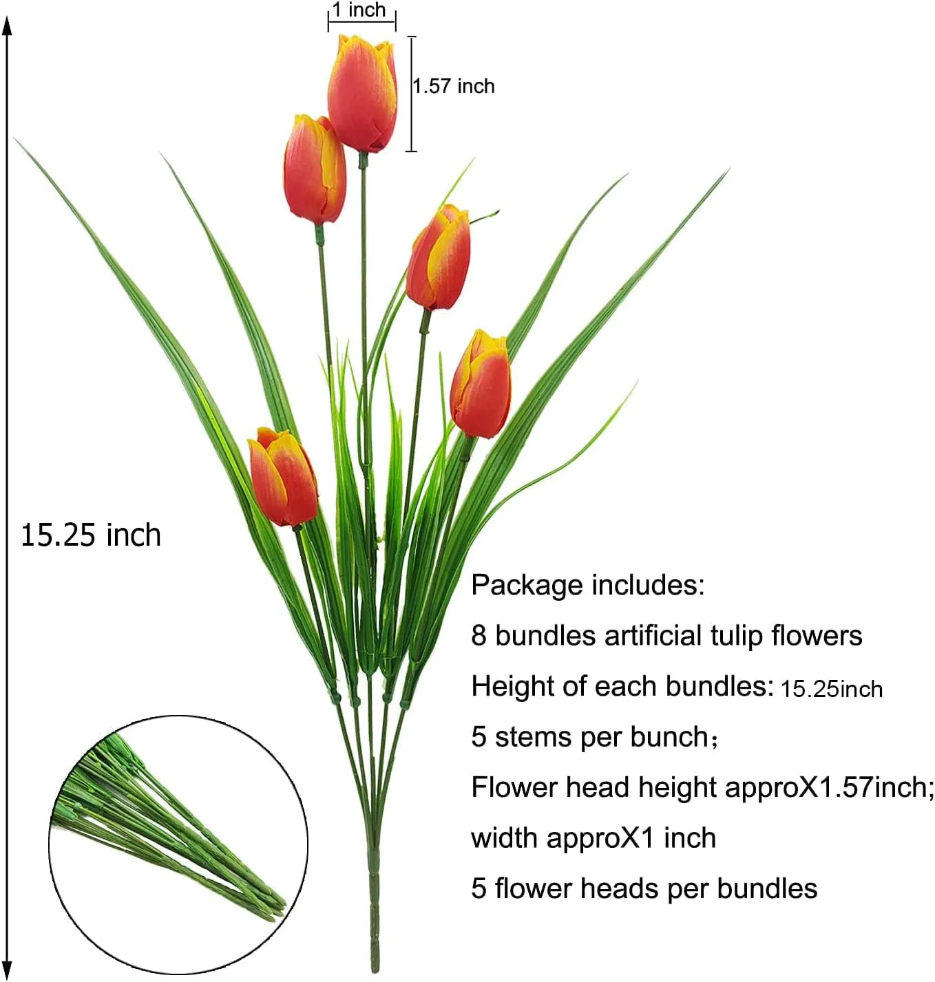 8 Bundles Outdoor Artificial Tulips Fake Flowers UV Resistant Faux Plastic Greenery Shrubs Plants for Home Outside Garden Porch Window Farmhouse Decor (Orange)