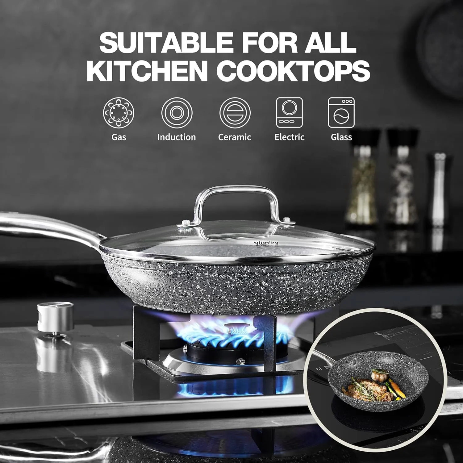 8 Inch Nonstick Frying Pan with Lid, Grey Granite Skillet, Non Toxic PFOA Free, Even Heating and Less Oil,8 Inch Omelet Pan with Heat-Resistant Handle,Suitable for All Stove, Oven Safe