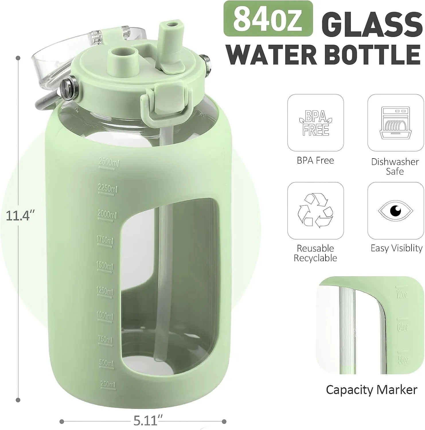 84oz Glass Water Bottle with Stainless Steel Handle,2.5L Gallon Water Bottle with 2-IN-1 Straw Lid, Silicone Sleeve and Motivational Capacity Marker, Wide Mouth Water Jug For Gym, Workout, Green