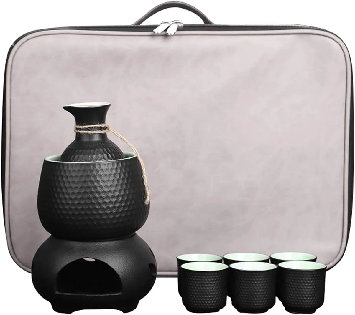 9 Pcs Sake Set and Cups, with Warmer and Sake Storage Bag, Traditional Porcelain Japanese Pottery Hot Saki Drink, Include 1 Sake Pot, 6 Cups, 1 Heating Stove, 1 Warming Bowl Cups