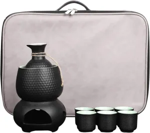 9 Pcs Sake Set and Cups, with Warmer and Sake Storage Bag, Traditional Porcelain Japanese Pottery Hot Saki Drink, Include 1 Sake Pot, 6 Cups, 1 Heating Stove, 1 Warming Bowl Cups