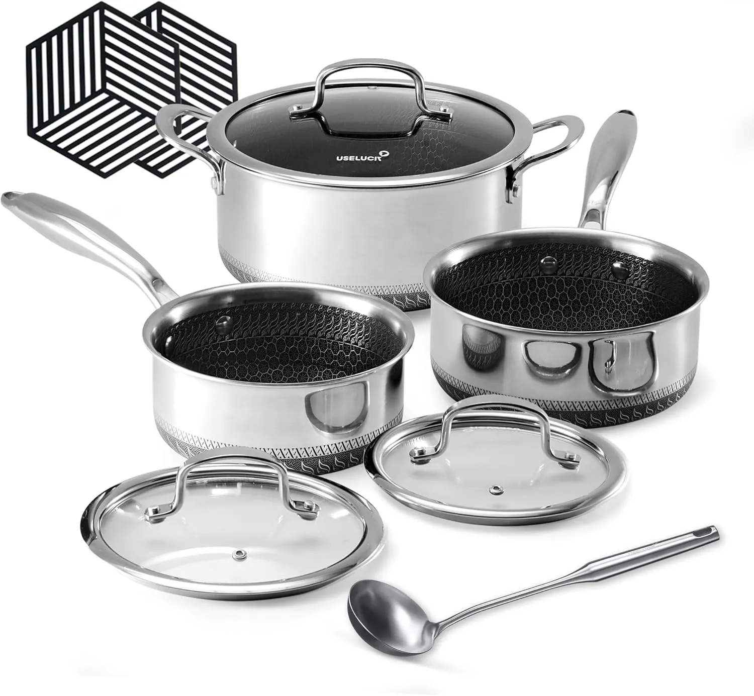 9Pcs Hybrid Non Stick Pots Set,1.5 QT Saucepan, 2, and 5.2-Quart Dutch Oven Pot with Lids Dishwasher Safe, Stay-Cool Handles Cooking Pot Set with Tempered Glass Lid,Compatible with All Cooktops