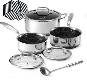 9Pcs Hybrid Non Stick Pots Set,1.5 QT Saucepan, 2, and 5.2-Quart Dutch Oven Pot with Lids Dishwasher Safe, Stay-Cool Handles Cooking Pot Set with Tempered Glass Lid,Compatible with All Cooktops