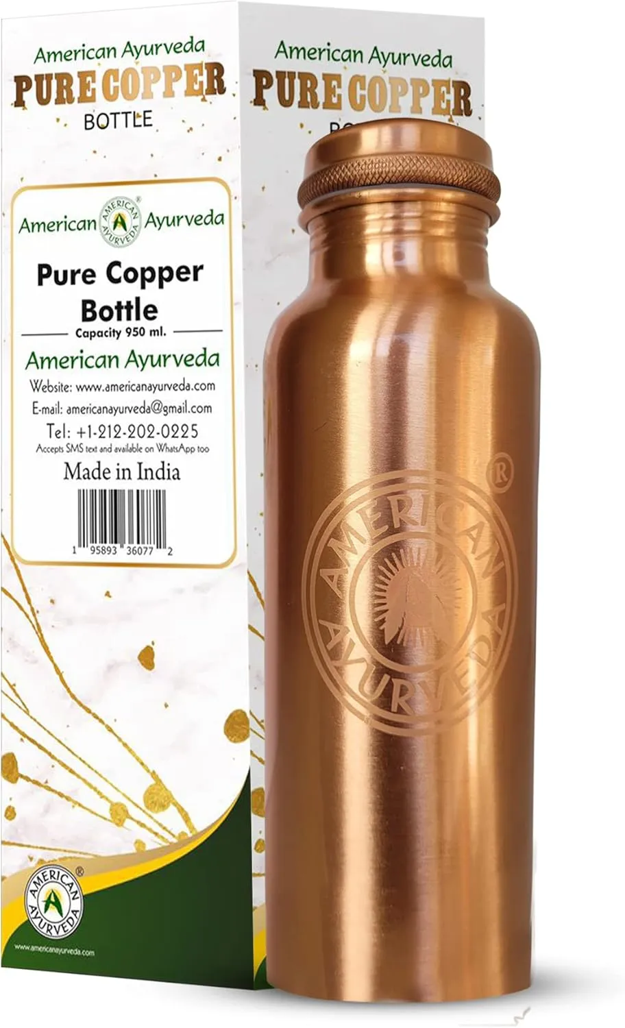 A American Ayurveda 100% Pure Copper Water Bottle for drinking, Jointfree, Leakproof, Natural Ayurveda Health Benefits, Copper bottle, Alkaline Water 600ml (20Oz) Capacity