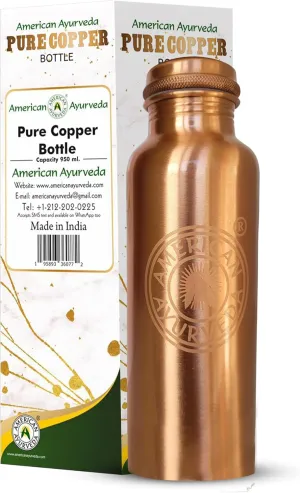 A American Ayurveda 100% Pure Copper Water Bottle for drinking, Jointfree, Leakproof, Natural Ayurveda Health Benefits, Copper bottle, Alkaline Water 600ml (20Oz) Capacity