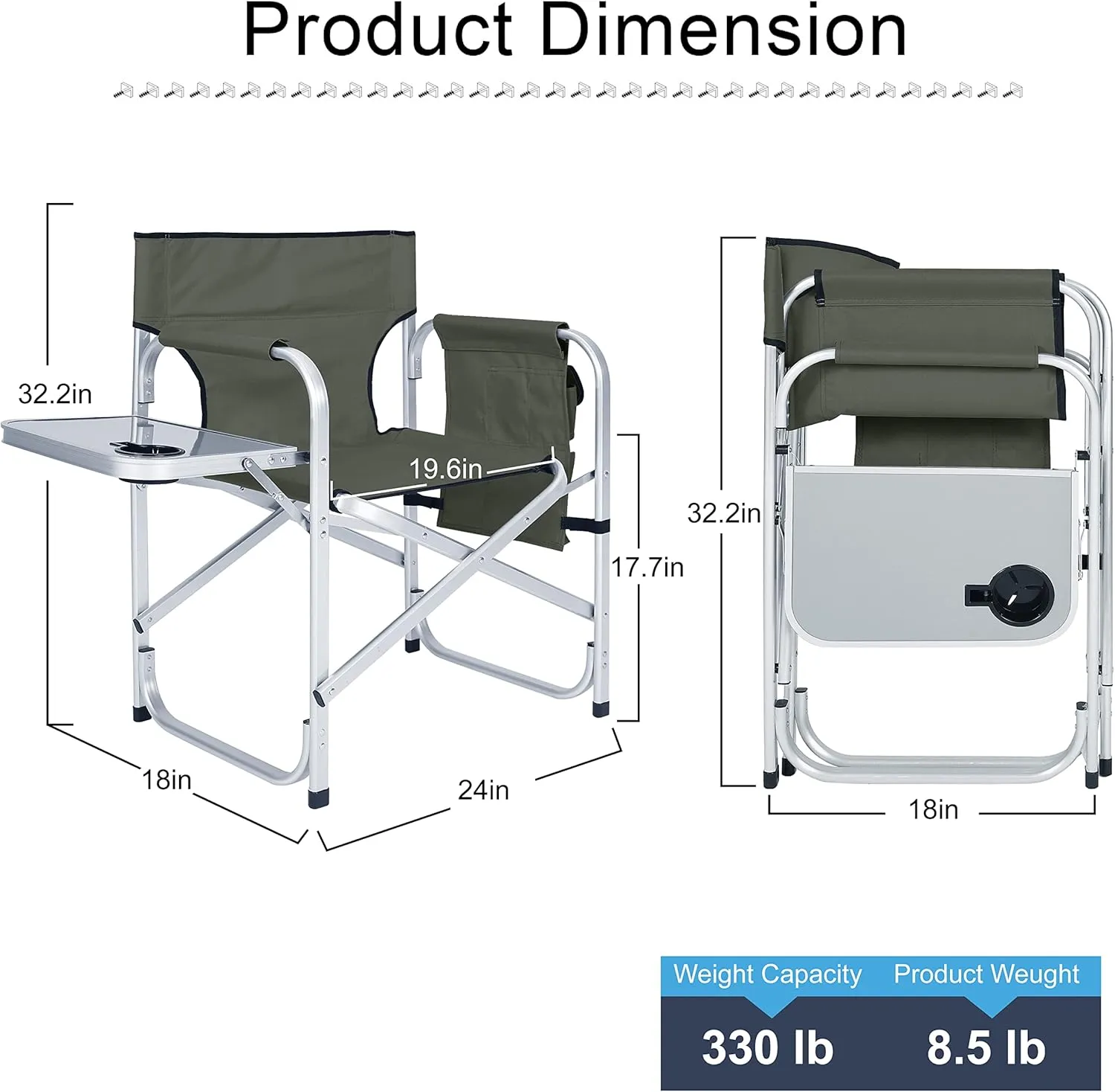 ABCCANOPY Folding Directors Chair Outdoor Camping Chair Makeup Artist Chair with Side Table & Pockets, Dark Gray