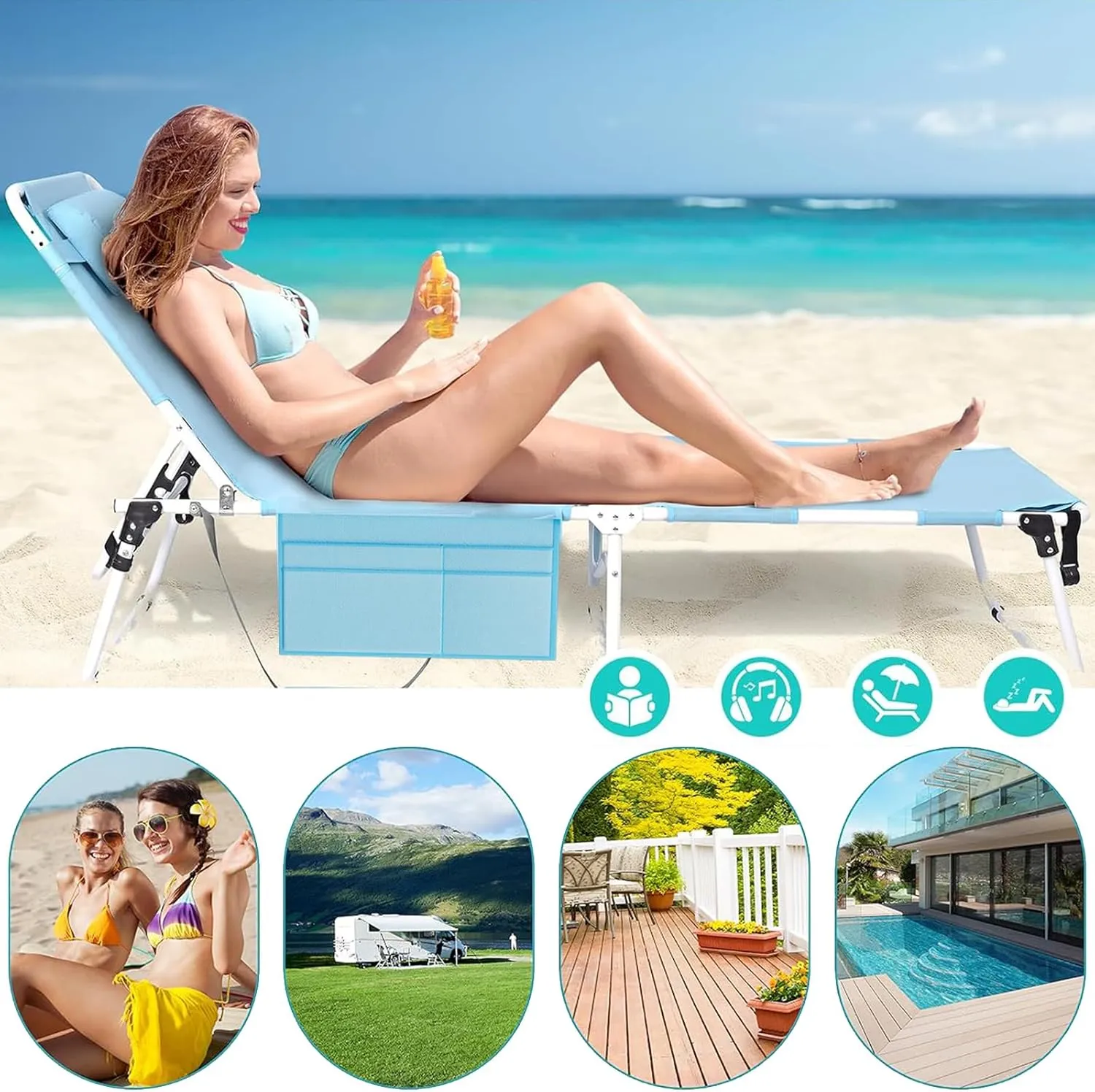 ABORON 4-in-1 2PK Patio Lounge Chairs & Sun Tanning Beds, Folding Heavy Duty Chaise with 500LB Load Capacity, Adjustable Portable Chair for Home, Garden, Beach, Office, Camping & Sunbathing