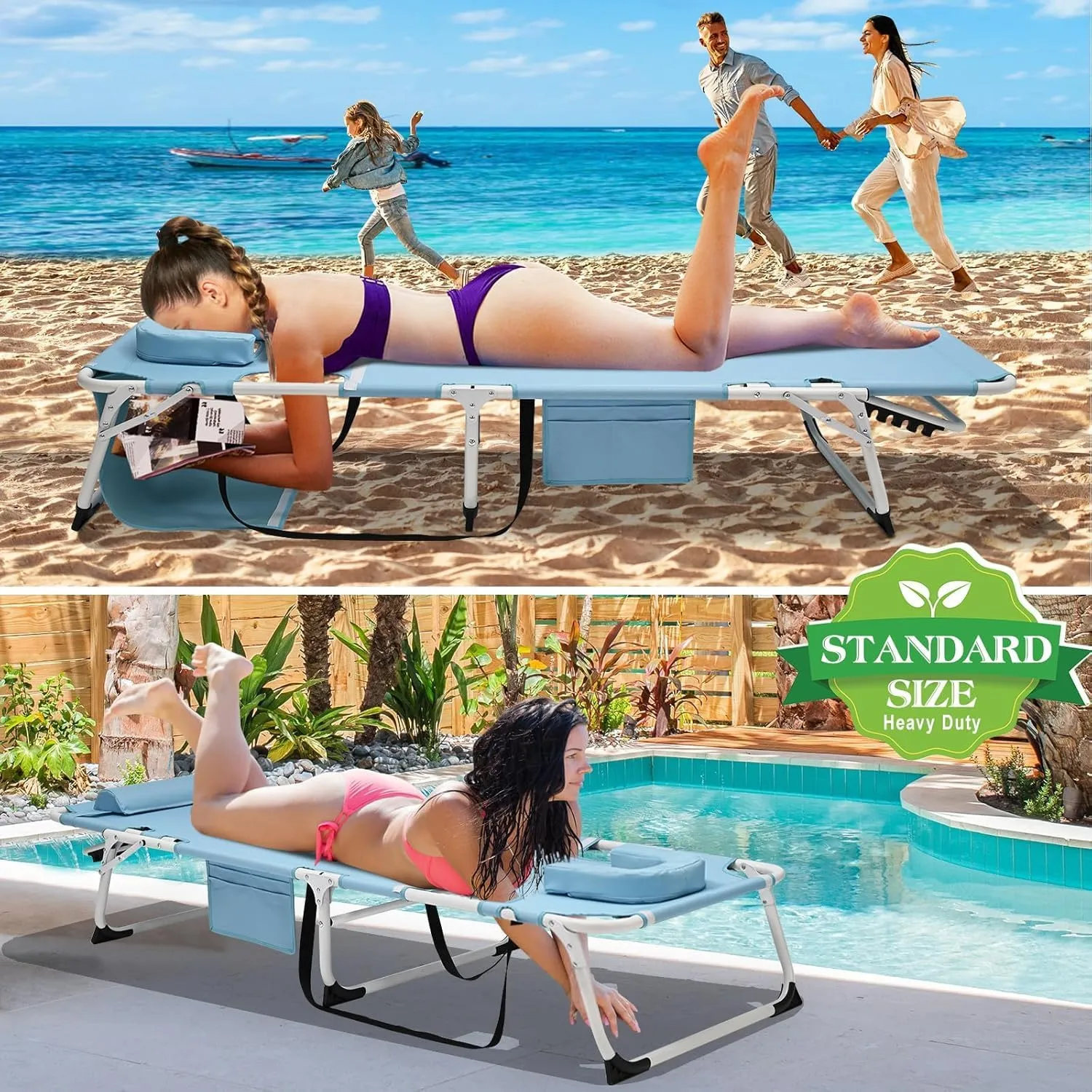 ABORON 4-in-1 2PK Patio Lounge Chairs & Sun Tanning Beds, Folding Heavy Duty Chaise with 500LB Load Capacity, Adjustable Portable Chair for Home, Garden, Beach, Office, Camping & Sunbathing