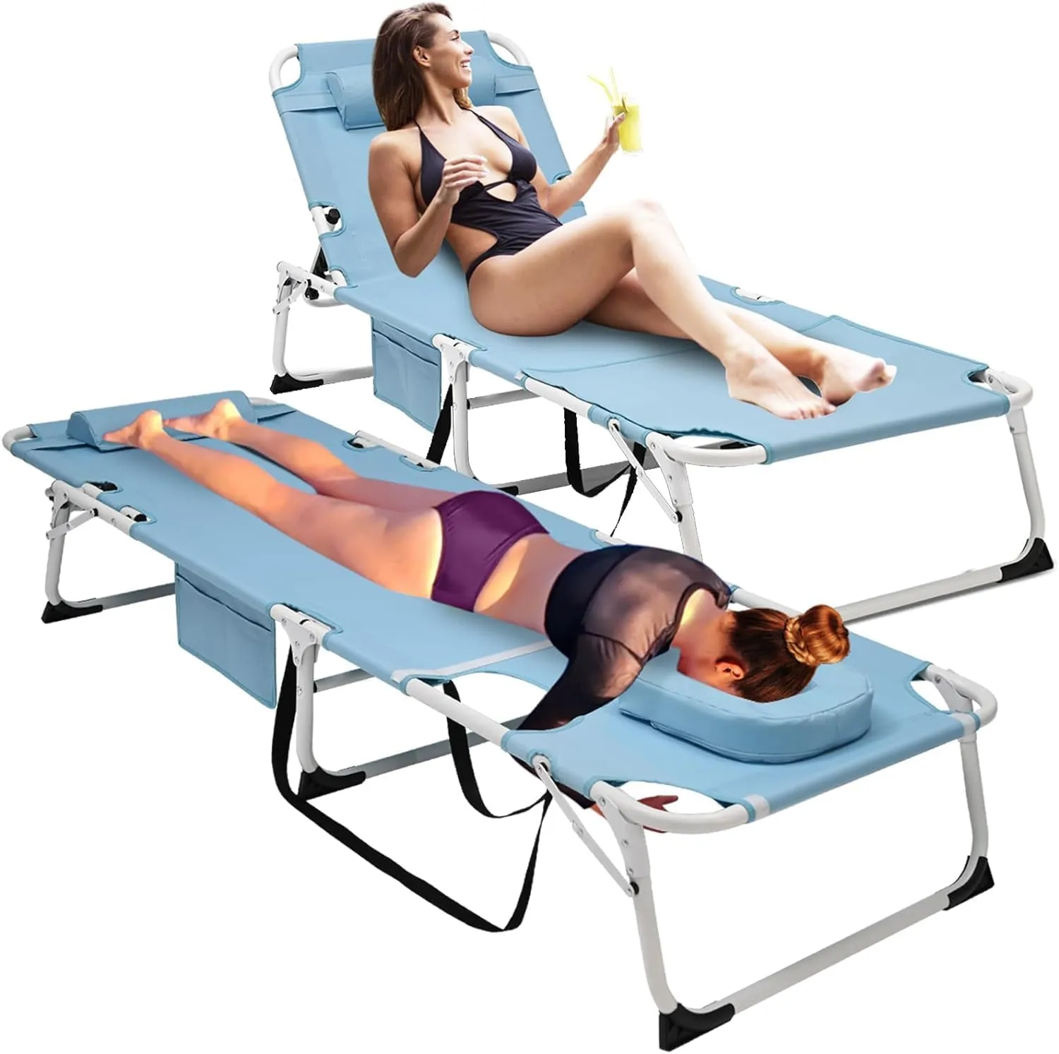 ABORON 4-in-1 2PK Patio Lounge Chairs & Sun Tanning Beds, Folding Heavy Duty Chaise with 500LB Load Capacity, Adjustable Portable Chair for Home, Garden, Beach, Office, Camping & Sunbathing