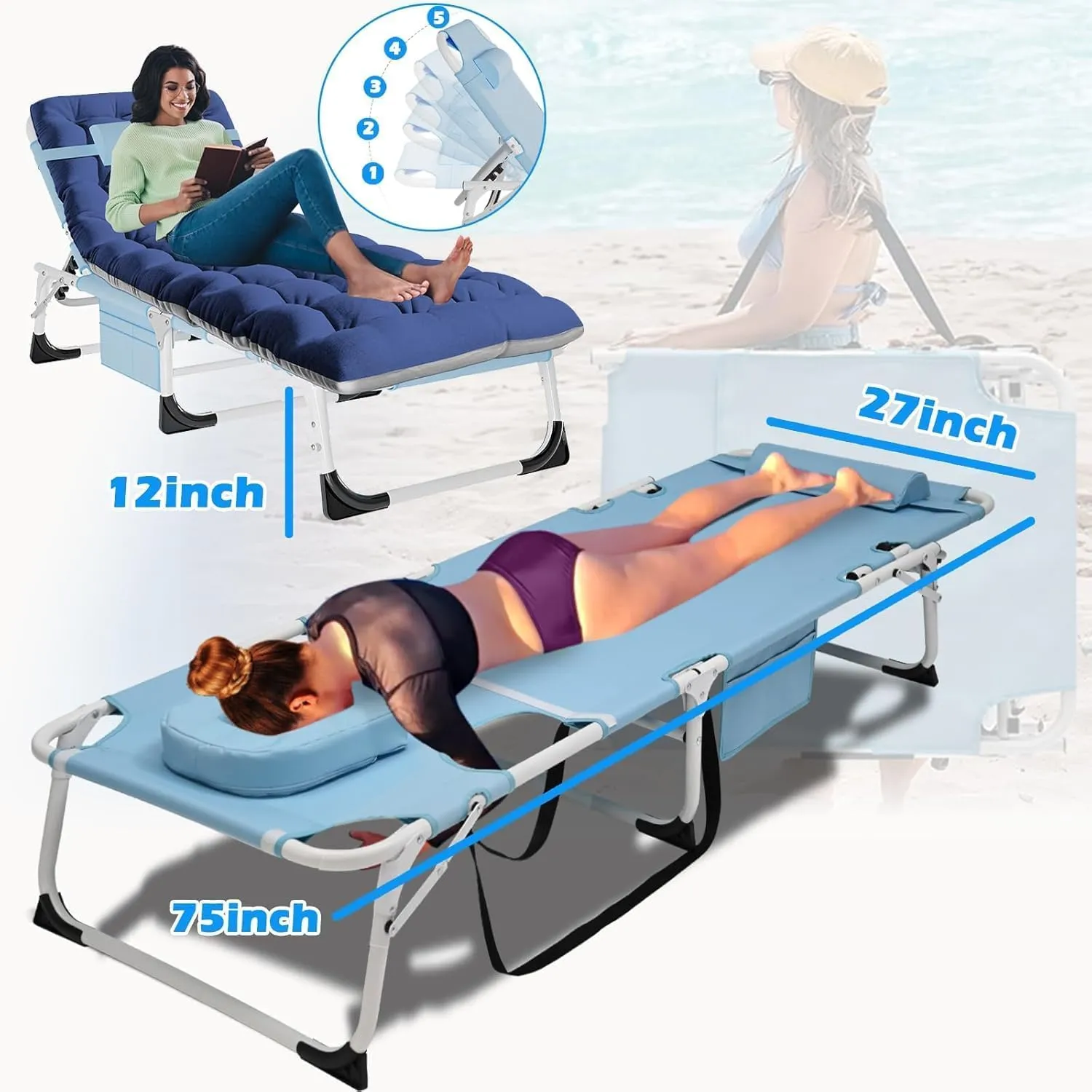 ABORON 4-in-1 2PK Patio Lounge Chairs & Sun Tanning Beds, Folding Heavy Duty Chaise with 500LB Load Capacity, Adjustable Portable Chair for Home, Garden, Beach, Office, Camping & Sunbathing