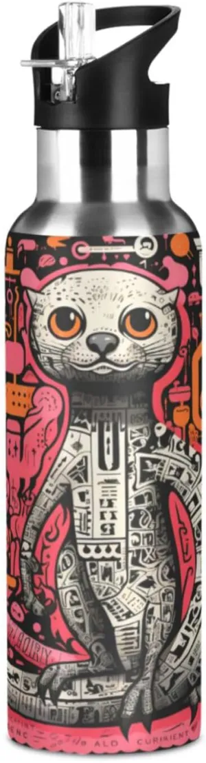 Abstract Art Animal Squirrel Sport Water Bottle Insulated Stainless Steel Large Vacuum Flask Leak Proof Thermos with Straw for Travel(600ml/1000ml)