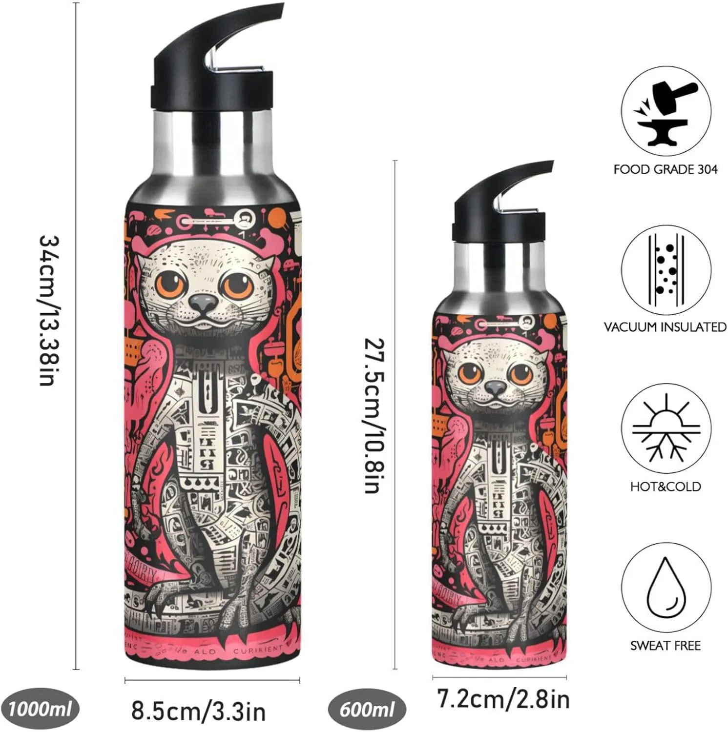 Abstract Art Animal Squirrel Sport Water Bottle Insulated Stainless Steel Large Vacuum Flask Leak Proof Thermos with Straw for Travel(600ml/1000ml)