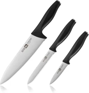 Acciaio High Carbon Stainless Steel 3 Piece Kitchen Knife Set, Chef, Paring, Utility Serrated Knife (Black)