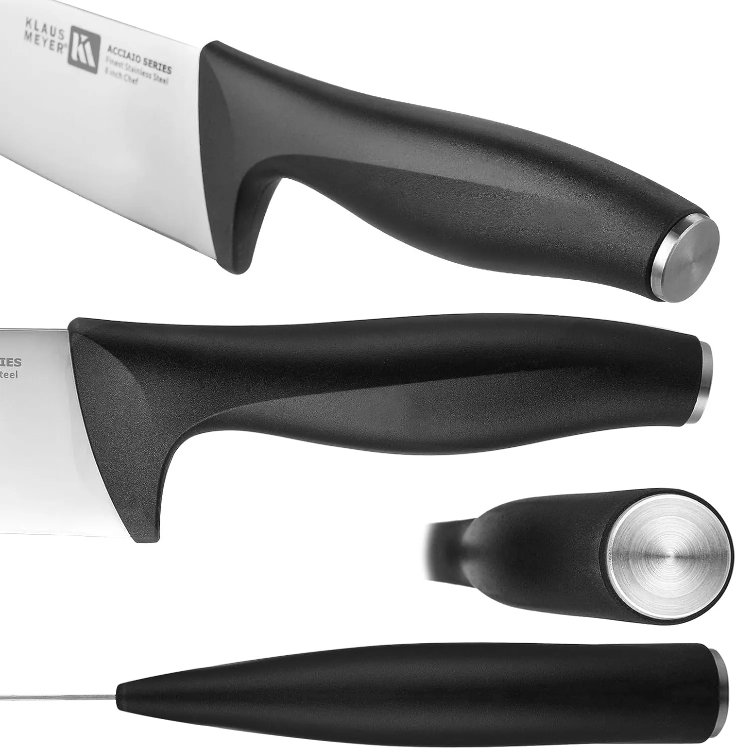 Acciaio High Carbon Stainless Steel 3 Piece Kitchen Knife Set, Chef, Paring, Utility Serrated Knife (Black)