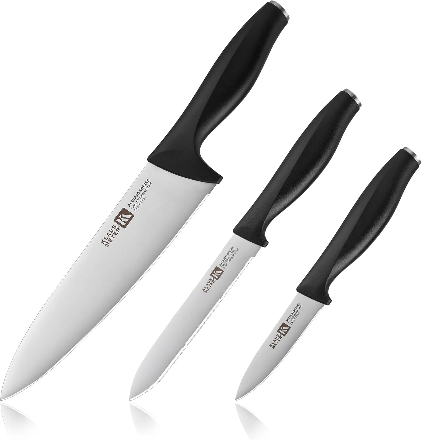 Acciaio High Carbon Stainless Steel 3 Piece Kitchen Knife Set, Chef, Paring, Utility Serrated Knife (Black)