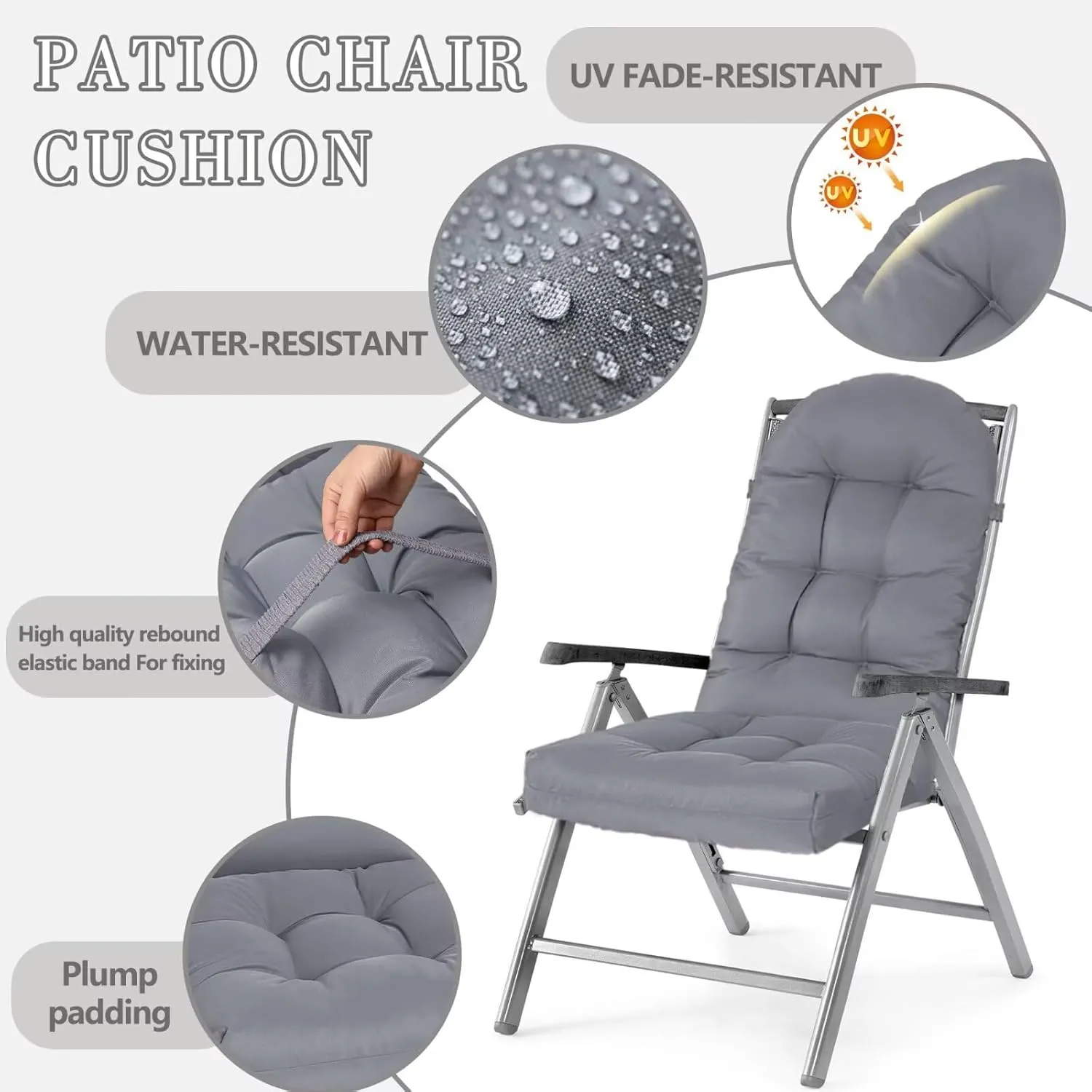 Adirondack Chair Cushion, Rocking Cushions 44x19.4x4 inch, High Back Patio Recliner Cushion of Upper and Lower with Ties, Sunscreen and Fade-Resistant Gray,1