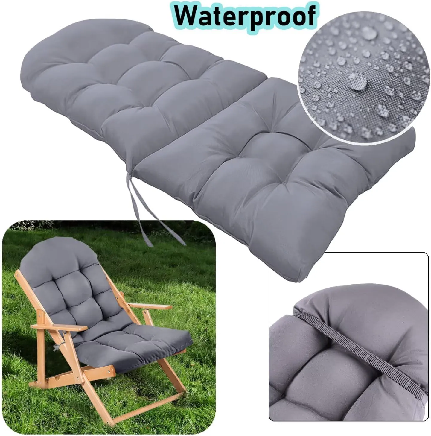 Adirondack Chair Cushion, Rocking Cushions 44x19.4x4 inch, High Back Patio Recliner Cushion of Upper and Lower with Ties, Sunscreen and Fade-Resistant Gray,1