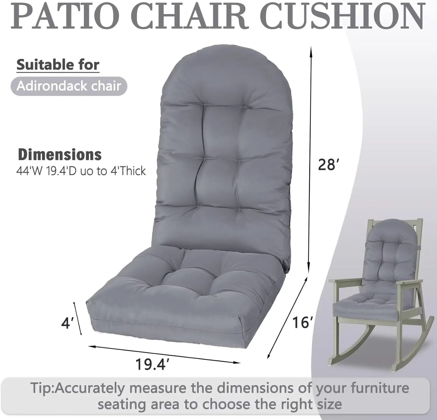 Adirondack Chair Cushion, Rocking Cushions 44x19.4x4 inch, High Back Patio Recliner Cushion of Upper and Lower with Ties, Sunscreen and Fade-Resistant Gray,1