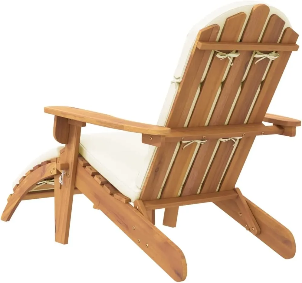 Adirondack Patio Chair with Footrest Solid Acacia Wood Lounge Chair Cream White Cushion Comfortable Outdoor Furniture Folding Lounge Chair for Patio Garden