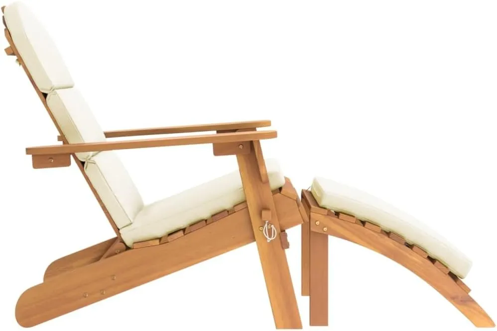Adirondack Patio Chair with Footrest Solid Acacia Wood Lounge Chair Cream White Cushion Comfortable Outdoor Furniture Folding Lounge Chair for Patio Garden