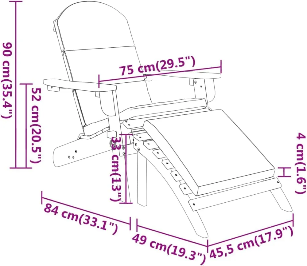 Adirondack Patio Chair with Footrest Solid Acacia Wood Lounge Chair Cream White Cushion Comfortable Outdoor Furniture Folding Lounge Chair for Patio Garden