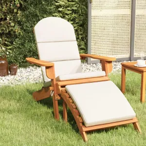 Adirondack Patio Chair with Footrest Solid Acacia Wood Lounge Chair Cream White Cushion Comfortable Outdoor Furniture Folding Lounge Chair for Patio Garden