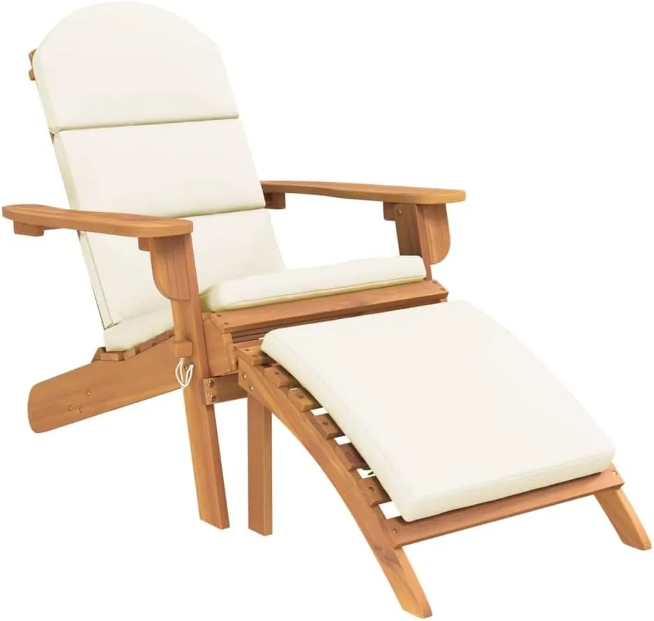 Adirondack Patio Chair with Footrest Solid Acacia Wood Lounge Chair Cream White Cushion Comfortable Outdoor Furniture Folding Lounge Chair for Patio Garden