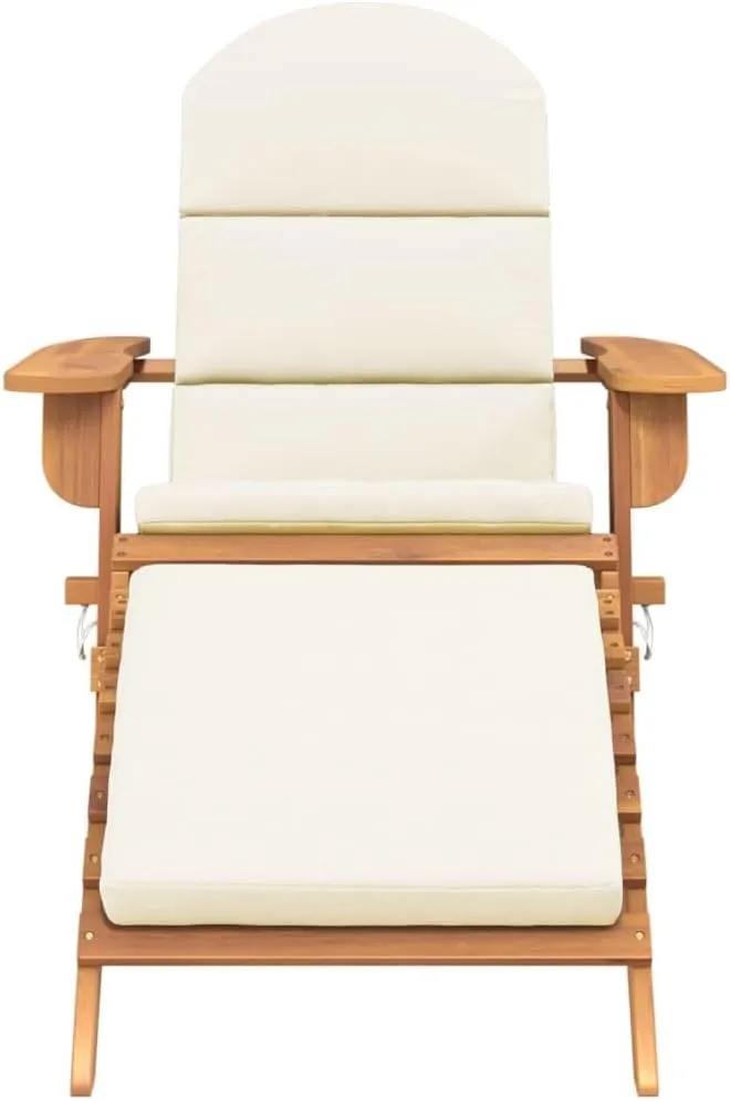 Adirondack Patio Chair with Footrest Solid Acacia Wood Lounge Chair Cream White Cushion Comfortable Outdoor Furniture Folding Lounge Chair for Patio Garden