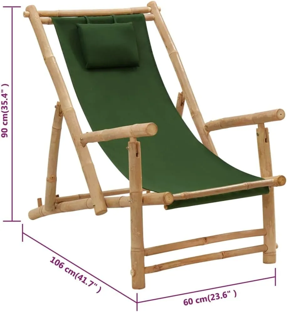Adjustable Bamboo Deck Chair with Armrests Foldable Canvas Green 3-Position Backrest for Patio Garden Terrace Beach Outdoor Furniture