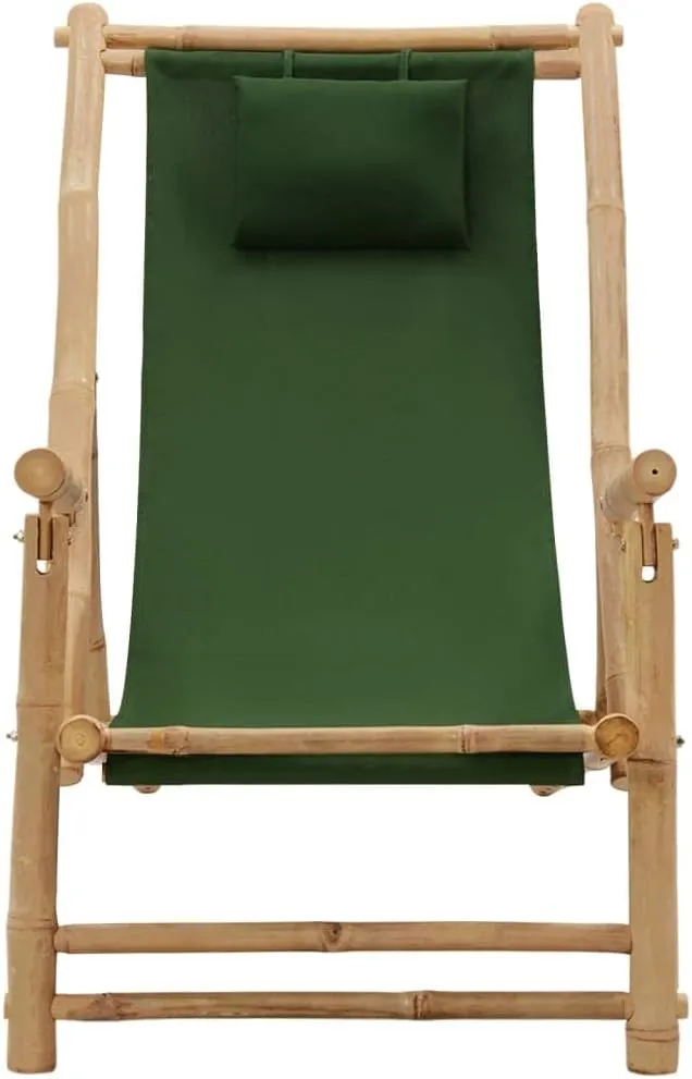 Adjustable Bamboo Deck Chair with Armrests Foldable Canvas Green 3-Position Backrest for Patio Garden Terrace Beach Outdoor Furniture