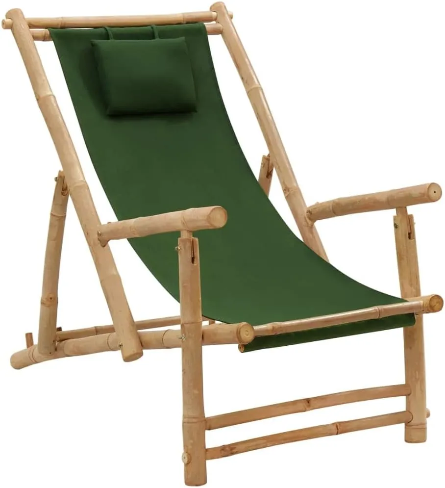 Adjustable Bamboo Deck Chair with Armrests Foldable Canvas Green 3-Position Backrest for Patio Garden Terrace Beach Outdoor Furniture
